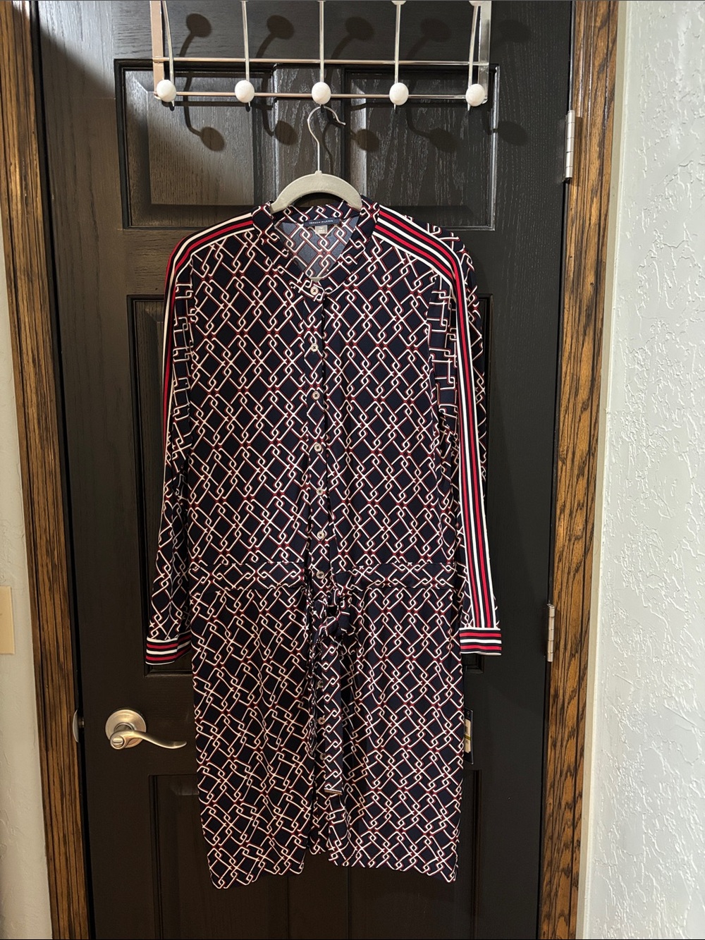Tommy Hilfiger Navy & Pink Geometric Tie-Waist Long Sleeve Dress